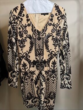 Nude Long-Sleeve V-Neck Dress with Black Sequin Ornamentation